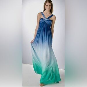 BCBGMaxAzria Halter Neck Breezy Ocean Ink Ombre Pleated Empire Waist Gown B1